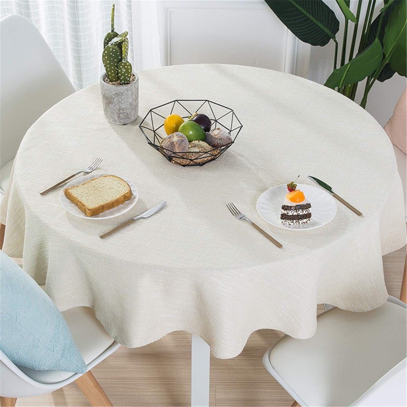 Dimatic Cotton Linen Solid Color Tablecloth Round Simple Style Table Cover for Small Round Table 24"-40" (2 Seats), Off White, Round - 63 Inch - Image 2